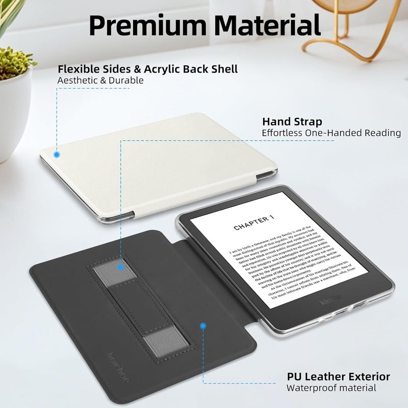 HOICHOE Case for 6" Kindle 2024/2022 Release (11 Generation), Light PU Leather Cover and Transparent Hard Back Shell with Hand Strap, Auto Sleep/Wake, Creamy White - Image 4